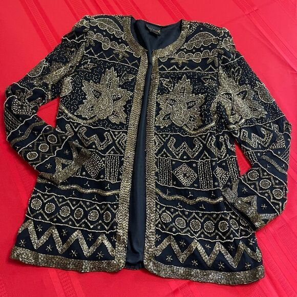 Land Mark Women’s Black Gold Vintage Beaded  Sequin Jacket Size Medium - Picture 5 of 10